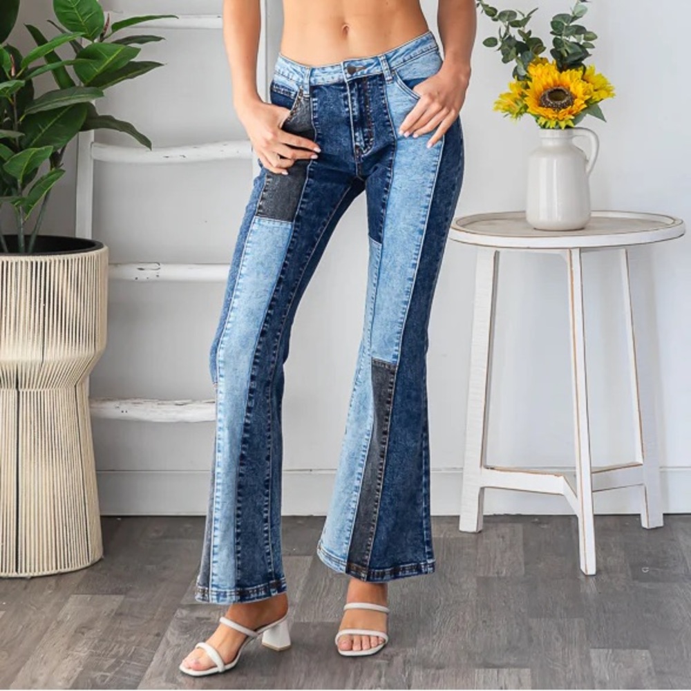 Oli & Hali Color Block Flare Patchwork Jeans